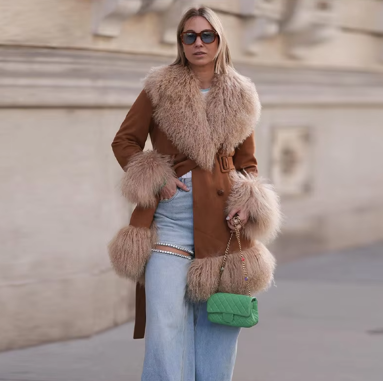 Elegant Fur Collar Coats With Belt Fully Cotton Lined High Street Outerwear Suede Jackets - Image 2