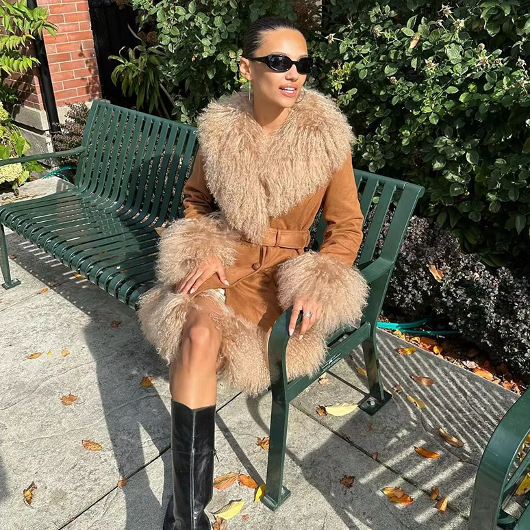 Elegant Fur Collar Coats With Belt Fully Cotton Lined High Street Outerwear Suede Jackets - Image 5