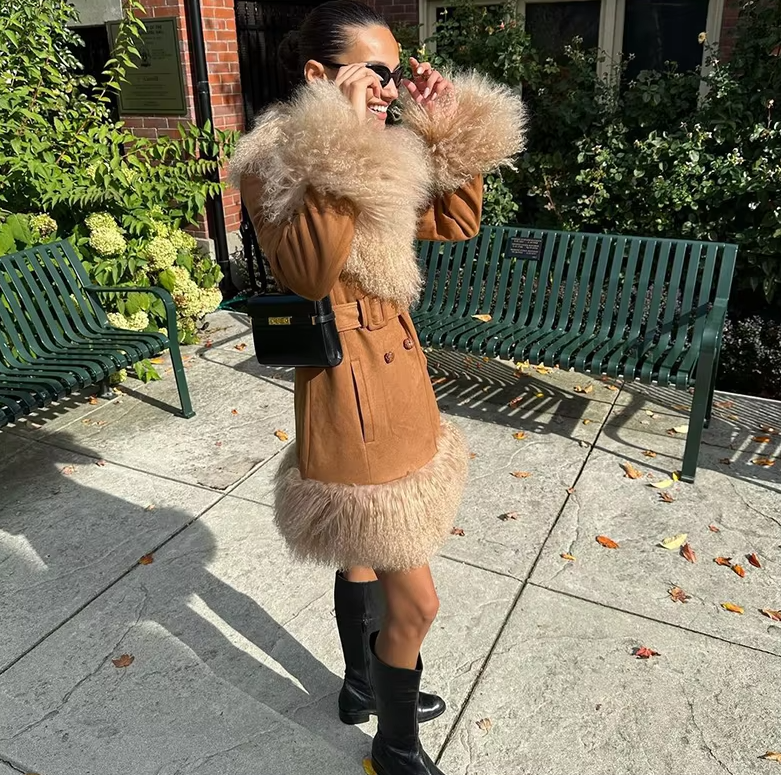 Elegant Fur Collar Coats With Belt Fully Cotton Lined High Street Outerwear Suede Jackets - Image 11