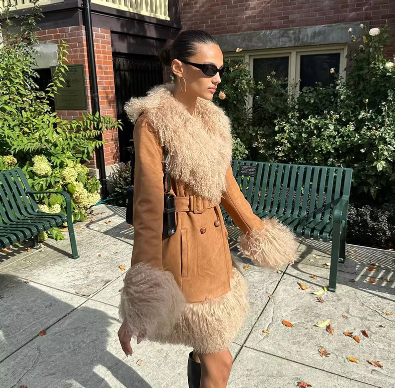 Elegant Fur Collar Coats With Belt Fully Cotton Lined High Street Outerwear Suede Jackets - Image 12