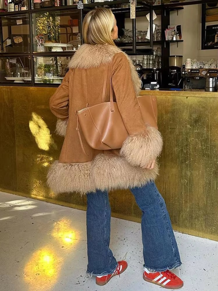 Elegant Fur Collar Coats With Belt Fully Cotton Lined High Street Outerwear Suede Jackets - Image 13