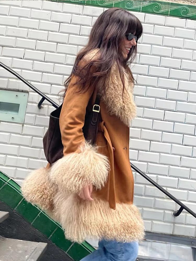 Elegant Fur Collar Coats With Belt Fully Cotton Lined High Street Outerwear Suede Jackets - Image 9