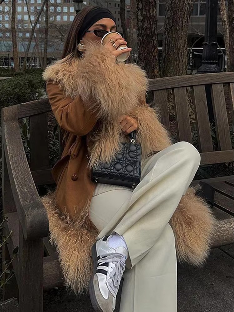 Elegant Fur Collar Coats With Belt Fully Cotton Lined High Street Outerwear Suede Jackets - Image 8