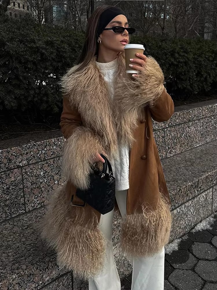 Elegant Fur Collar Coats With Belt Fully Cotton Lined High Street Outerwear Suede Jackets - Image 6