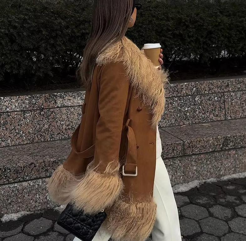 Elegant Fur Collar Coats With Belt Fully Cotton Lined High Street Outerwear Suede Jackets - Image 10