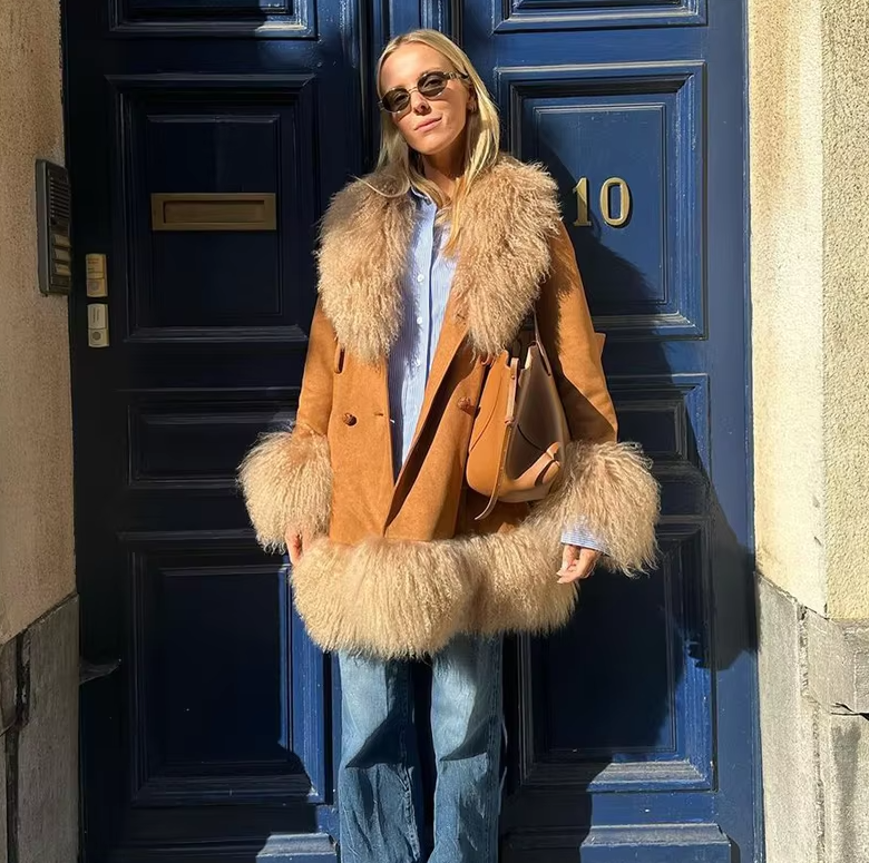 Elegant Fur Collar Coats With Belt Fully Cotton Lined High Street Outerwear Suede Jackets - Image 3