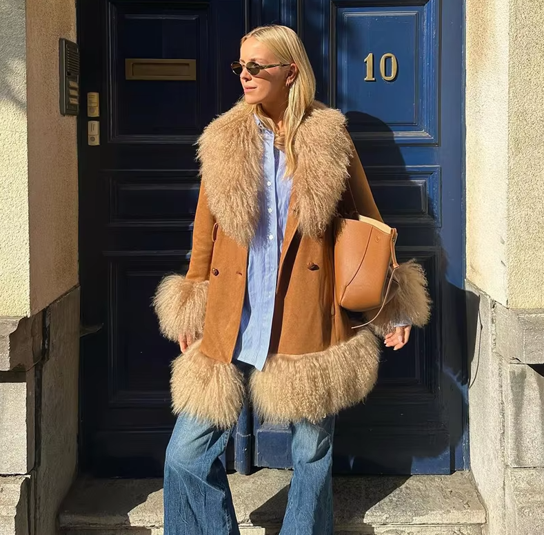 Elegant Fur Collar Coats With Belt Fully Cotton Lined High Street Outerwear Suede Jackets - Image 7