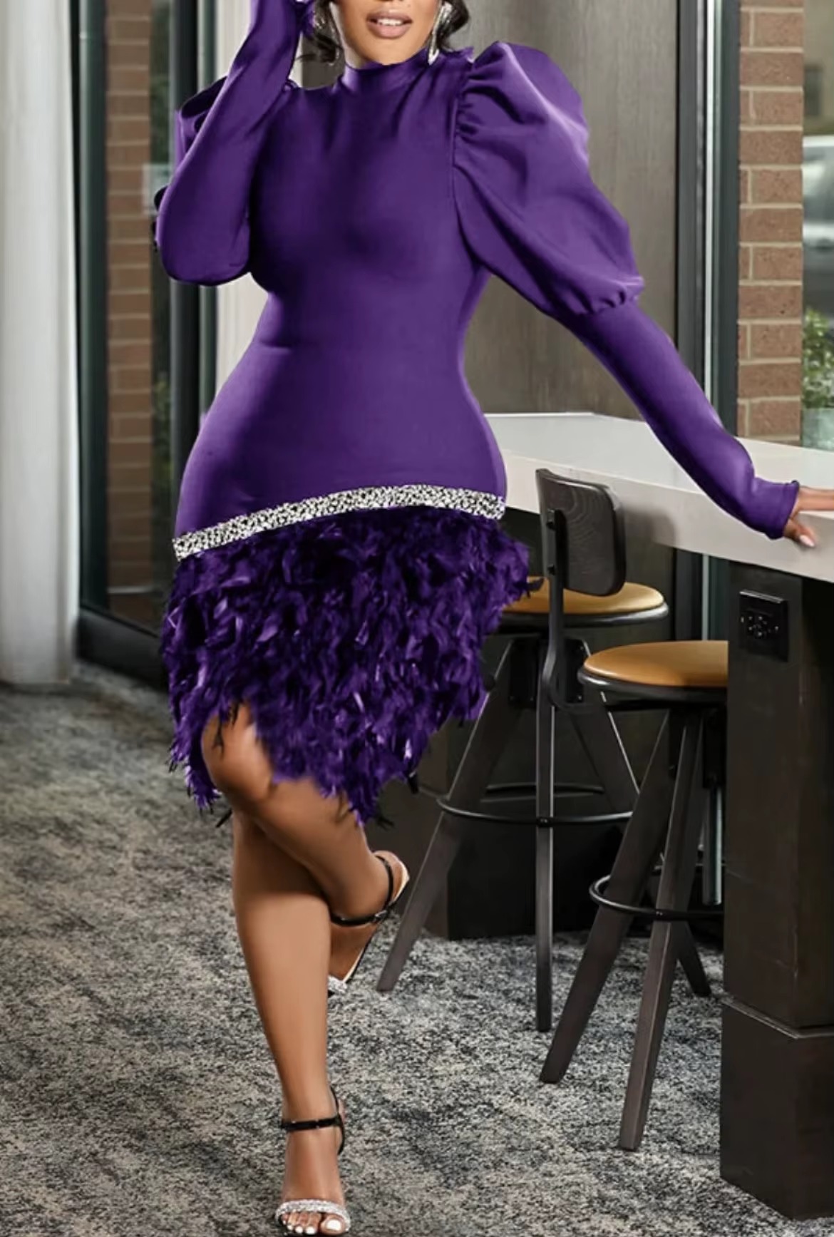 Elegant Glitter Feather Bubble Sleeves Party Dress - Image 4