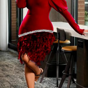 Elegant Glitter Feather Bubble Sleeves Party Dress
