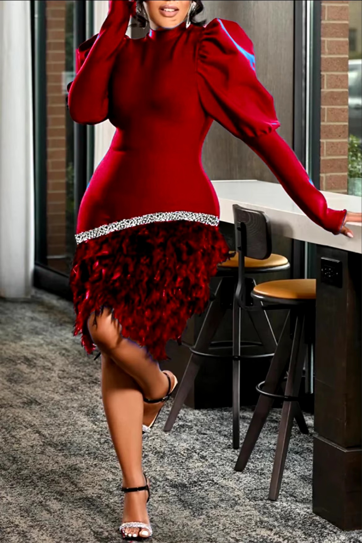 Elegant Glitter Feather Bubble Sleeves Party Dress