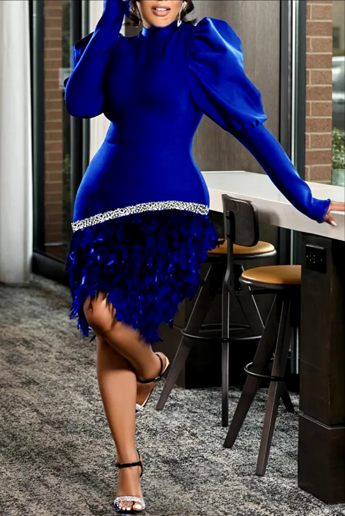 Elegant Glitter Feather Bubble Sleeves Party Dress - Image 5