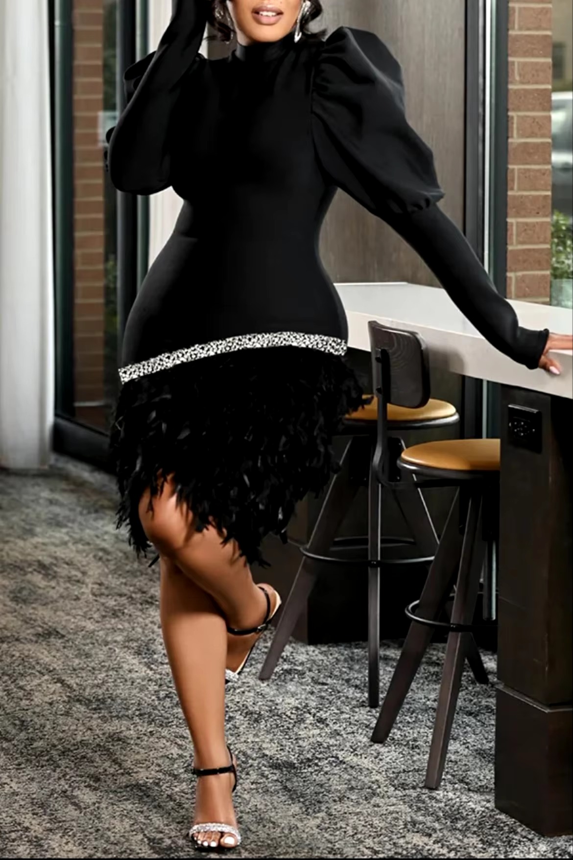 Elegant Glitter Feather Bubble Sleeves Party Dress - Image 6