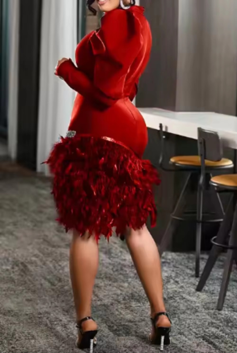 Elegant Glitter Feather Bubble Sleeves Party Dress - Image 2