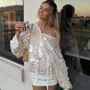 Elegant Glitter Sequins Patchwork Lace Up Short Tops