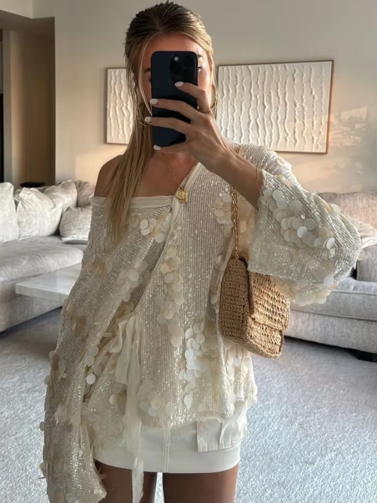 Elegant Glitter Sequins Patchwork Lace Up Short Tops - Image 4