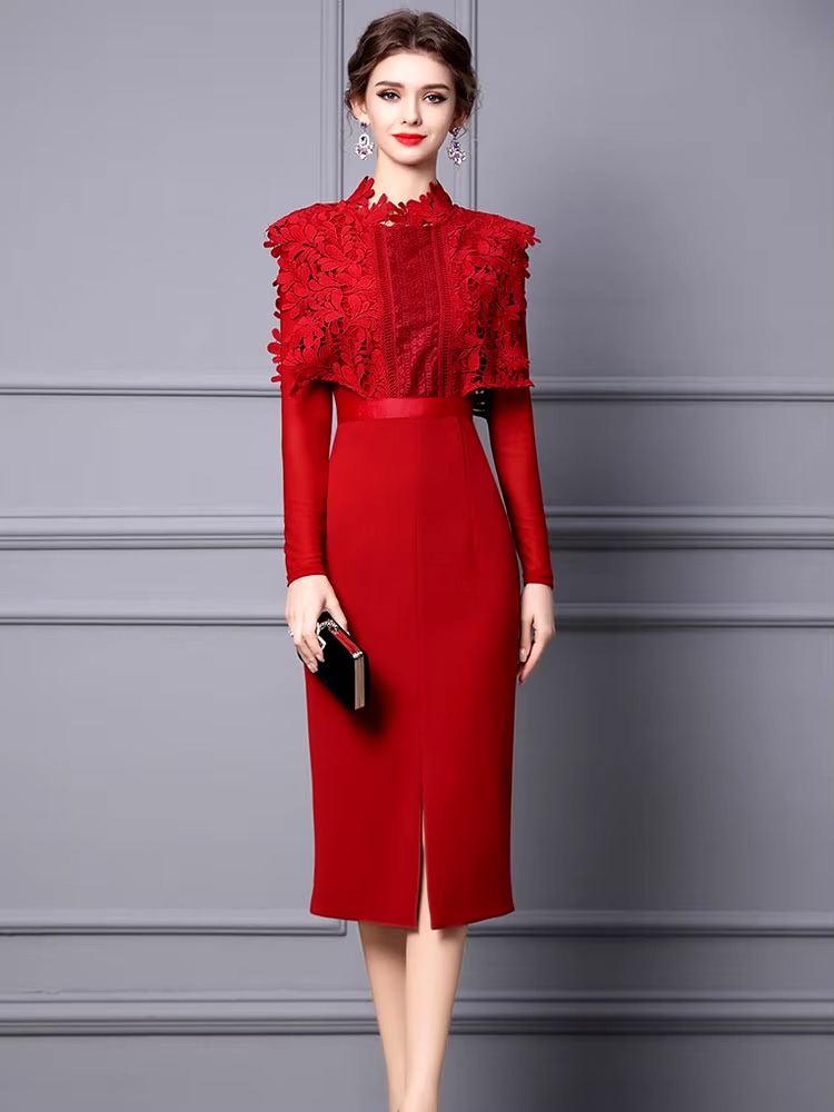 Elegant Hollow Lace Patchwork Party Mid-Calf Dress - Image 2