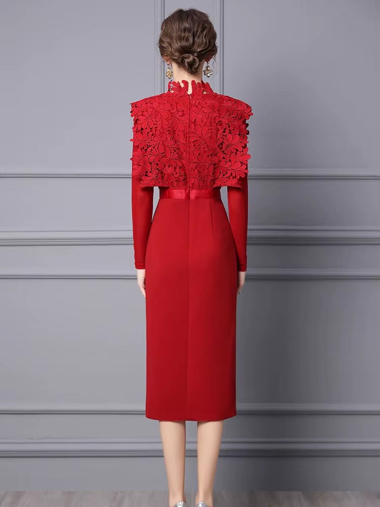 Elegant Hollow Lace Patchwork Party Mid-Calf Dress - Image 5