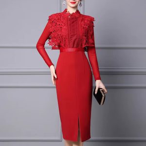 Elegant Hollow Lace Patchwork Party Mid-Calf Dress