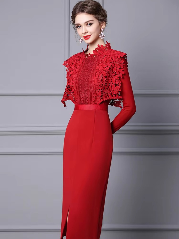 Elegant Hollow Lace Patchwork Party Mid-Calf Dress - Image 4