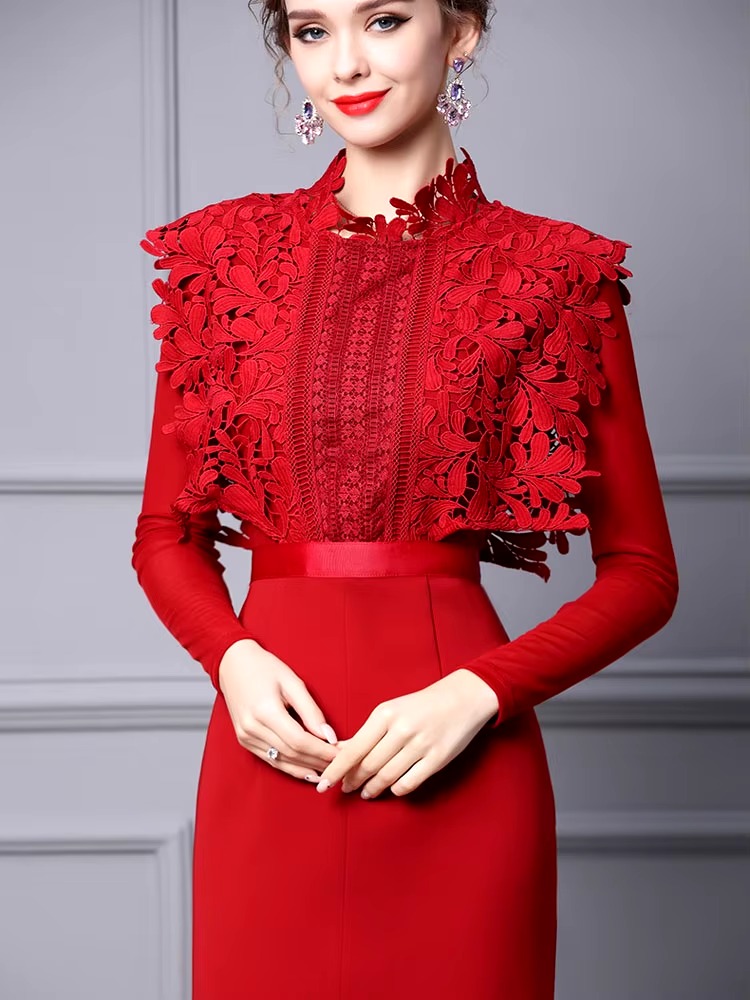 Elegant Hollow Lace Patchwork Party Mid-Calf Dress - Image 3