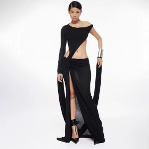 Elegant Hollow Out Backless Mesh High Slit Maxi Dress