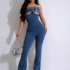 Elegant Hollow-Out Denim Long Pants Rompers Buckle Night Club Jumpsuits