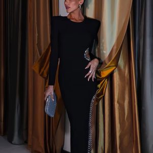 Elegant Hollow Out Round Neck Sequin Shoulder High Slit Maxi Dress