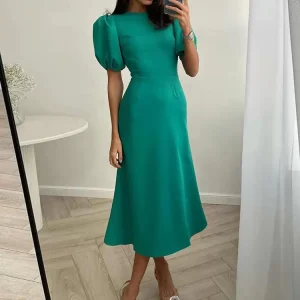 Elegant Jewel Neck Puff Short Sleeve Polyester Beach Midi Dress