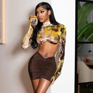 Elegant Knit Full Sleeve Crop Tops and Skirt 2 Piece Sets