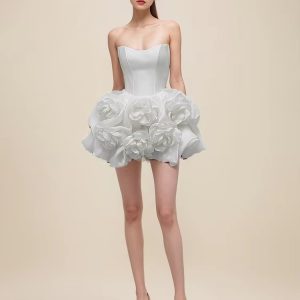 Elegant Lace Flower Strapless Zipper Birthday Party Mini Dress