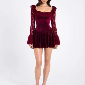 Elegant Lace Square Collar Flare Long Sleeve Mini Dress