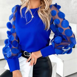 Elegant Lantern Sleeve Button Splicing Non Stretch Shirt