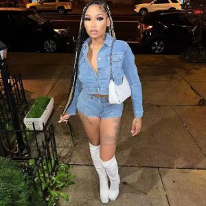 Elegant Lapel Long Sleeve Single Breasted Jackets and Shorts Stretch Denim 2 Piece Set