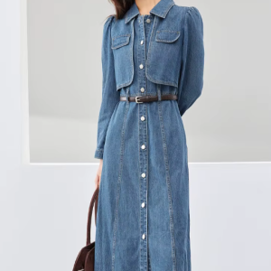 Elegant Leather Belt Single Breasted Long Sleeve Straight Midi Denim Dress