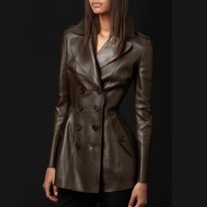 Elegant Long Sleeve Double Breasted Pu Leather Office Lady Jacket
