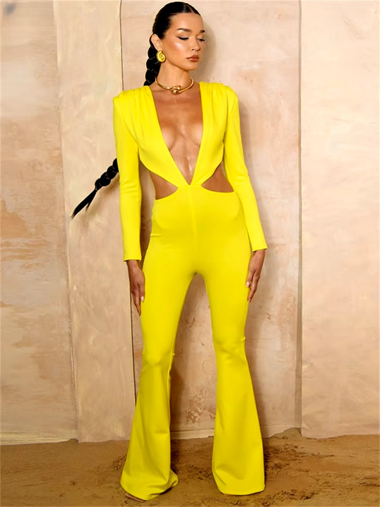 Elegant Low Cut Out Overalls Long Sleeve Club Bodycon One Pieces Jumpsuit - Image 2