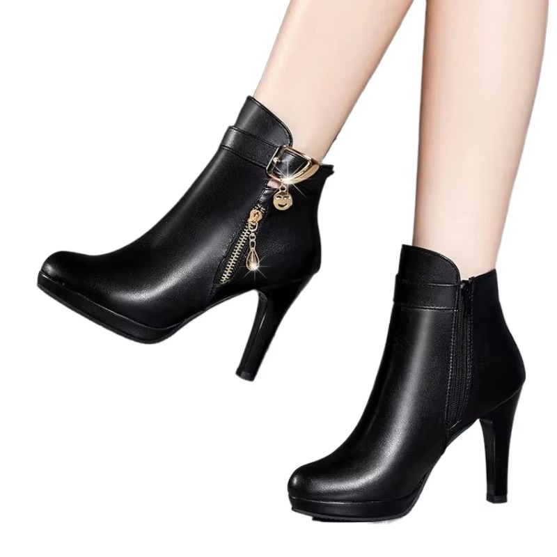 Elegant Metal Decoration Toe High Heeled Leather Boots - Image 5
