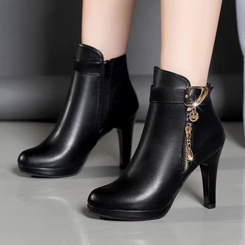 Elegant Metal Decoration Toe High Heeled Leather Boots