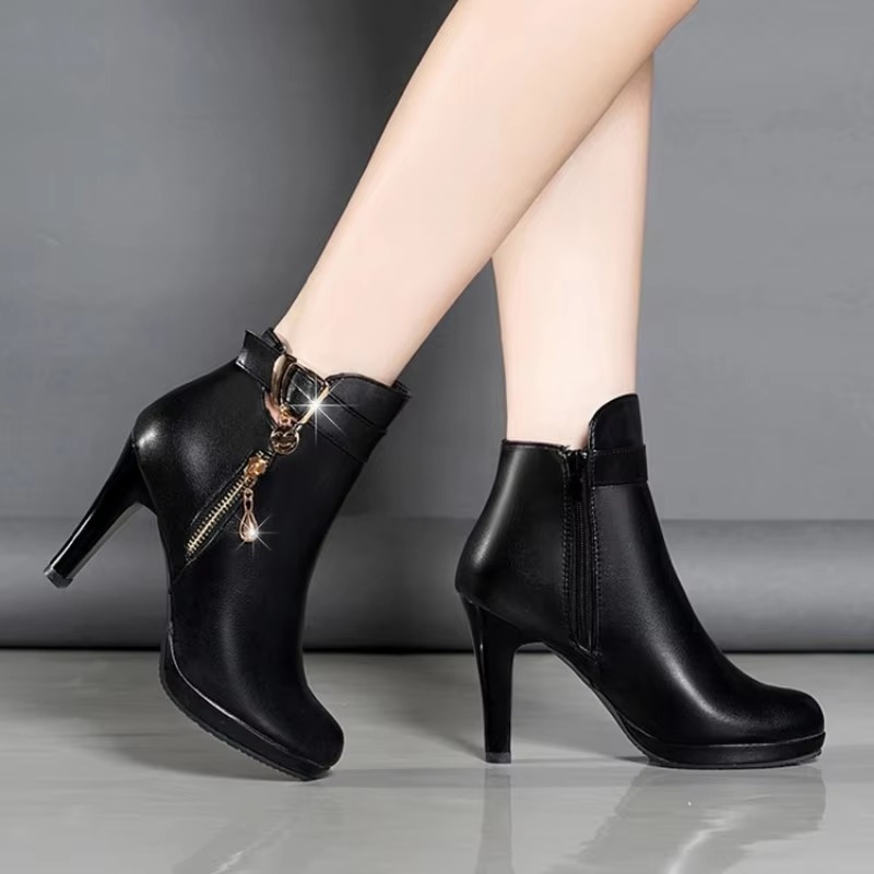 Elegant Metal Decoration Toe High Heeled Leather Boots - Image 3