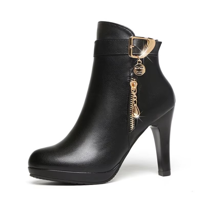 Elegant Metal Decoration Toe High Heeled Leather Boots - Image 6