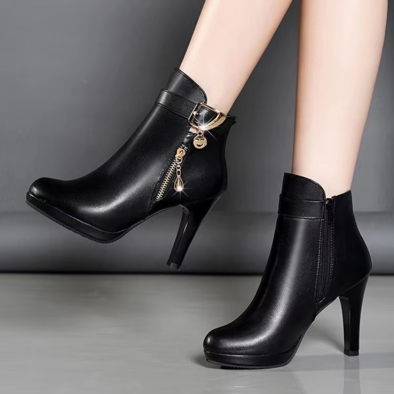 Elegant Metal Decoration Toe High Heeled Leather Boots - Image 2