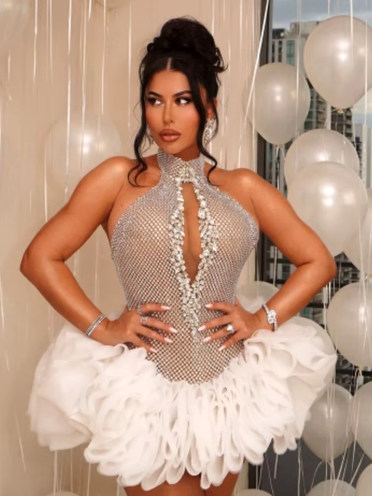 Elegant Neck-mounted Sheath Sequins Birthday Party Mini Dress - Image 2