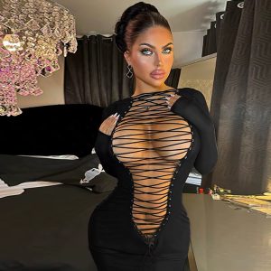 Elegant O-Neck Hollow Bandage Body-Shaping Maxi Dress