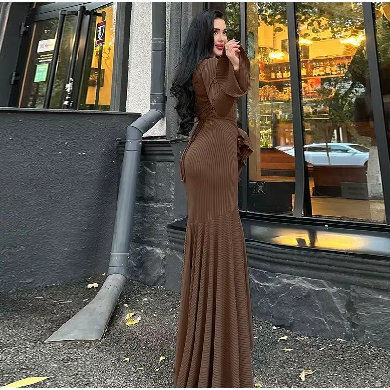 Elegant O-Neck Pleated Flared Sleeves Fishtail Maxi Dress - Image 13