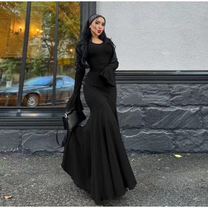 Elegant O-Neck Pleated Flared Sleeves Fishtail Maxi Dress