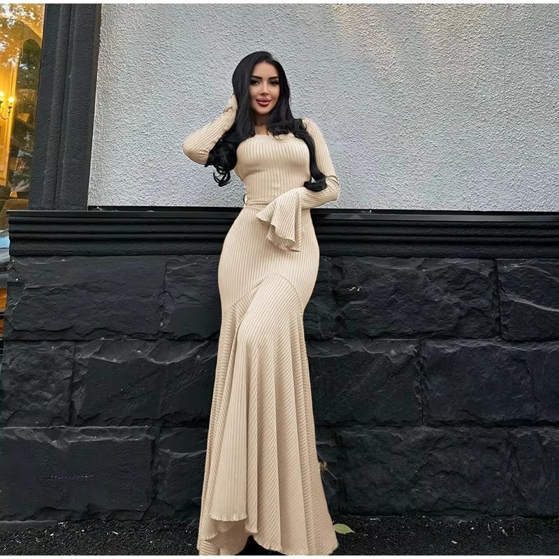 Elegant O-Neck Pleated Flared Sleeves Fishtail Maxi Dress - Image 7