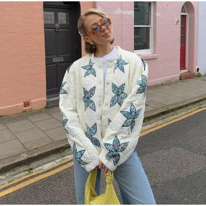 Elegant O-neck Star Floral Print Quilted Bomber Jacket