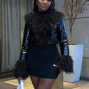 Elegant PU Leather Fur Tassel Patchwork Shiny Long Sleeve Short Jacket
