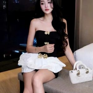 Elegant Patchwork Backless Metal Design Asymmetric Mini Dress