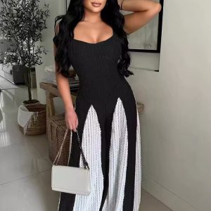 Elegant Patchwork Knitted Wide Pants Night Clubwear Sweater Jumpsuits Romper